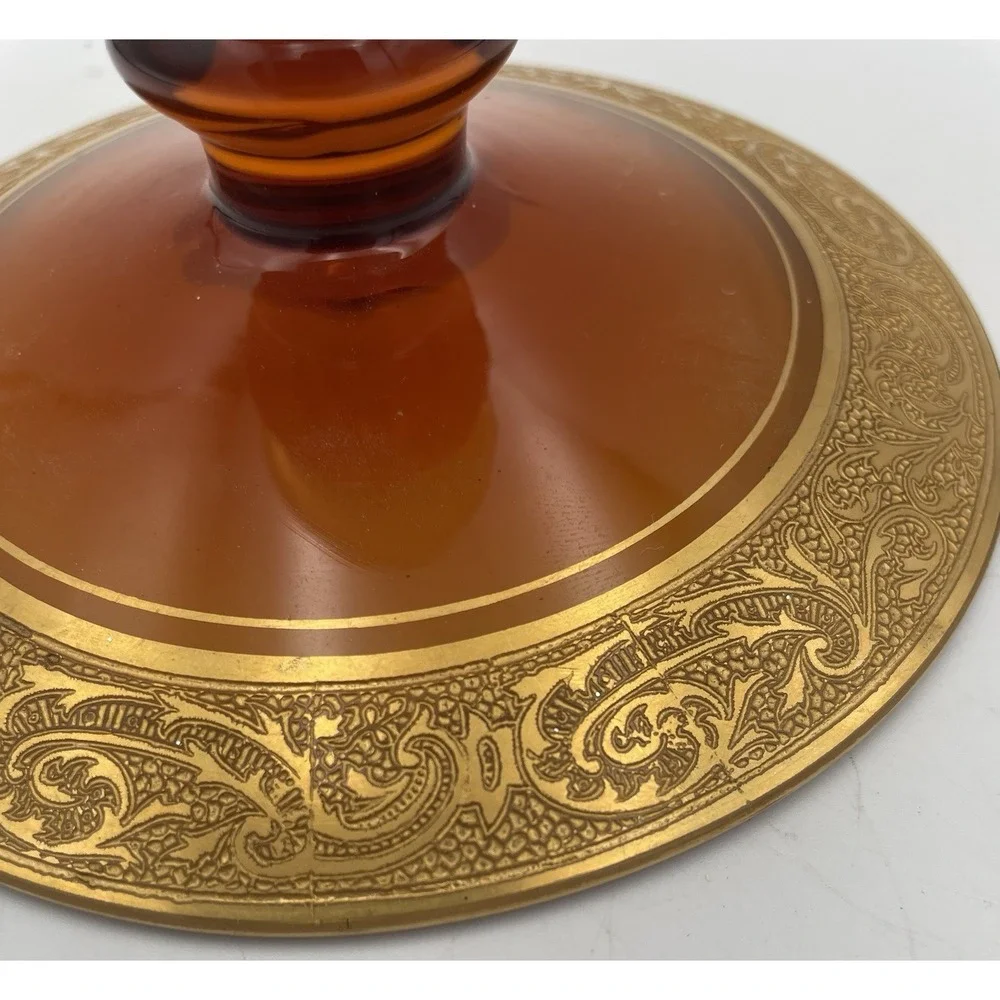 Vtg. Amber Glass Candle Holders Candlestick Pair Gold Encrusted Base Trim 1920's